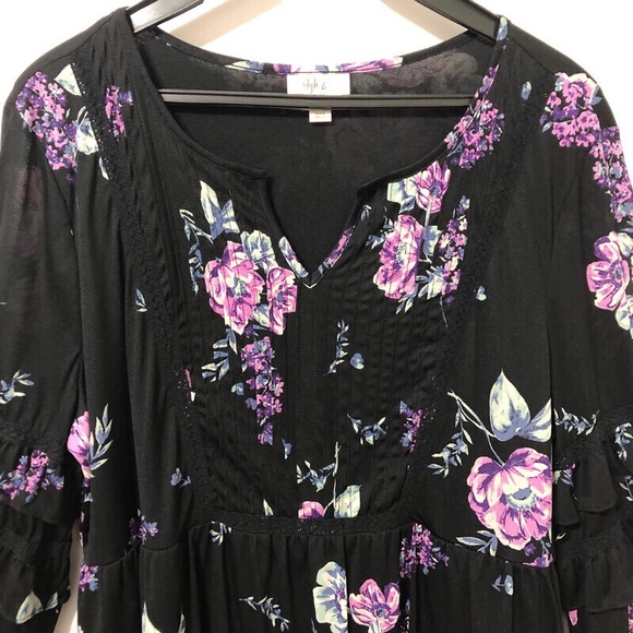 STYLE & CO Black Floral Ruffle Sleeve Boho Top XL - Picture 5 of 16